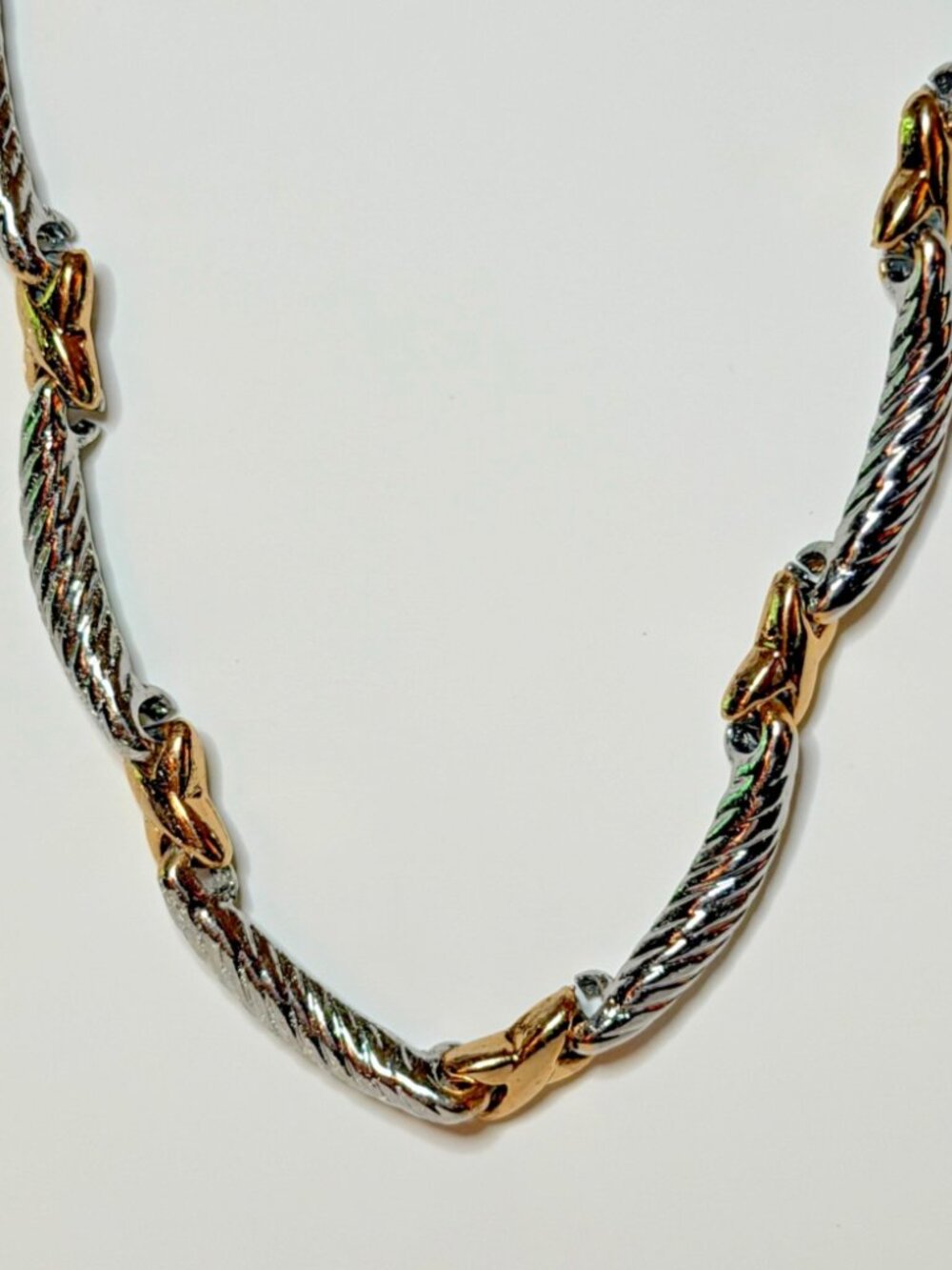 Elegant Two Tone Rope Chain Necklace Gold Tone Silver Tone Twist w/ "X" links 8”
